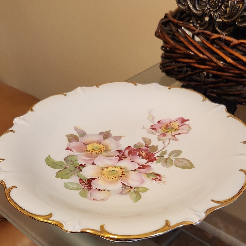 Golden Crown E & R Wild Rose 11 3/4" Pedestal Cake Plate Germany with Gold Trim